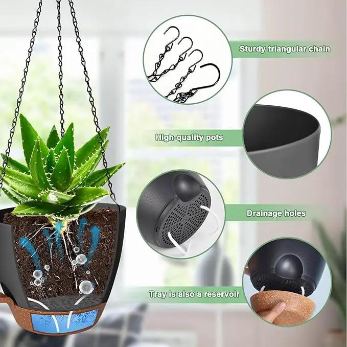 10/9/8 Inch Hanging Planter for Indoor Outdoor Plants, 3 Pack Self-Watering Hanging Pot with Drainage Holes Hanging Planter Baskets Plant Pots with Removable Tray (Black+Brown) by GreenHaven Gardens