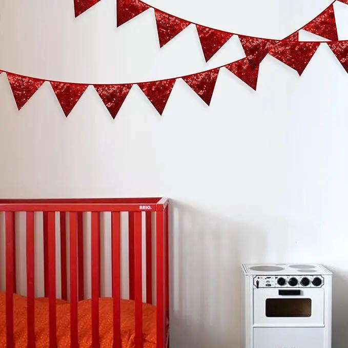 Pinkblume Red Decorations Double Sided Sequin Fabric Triangle Pennant Banner Flag Bunting Garland for Theme Nursery Classroom Home Bedroom Wall Valentines Day Holiday Christmas Decor by GreenHaven Gardens