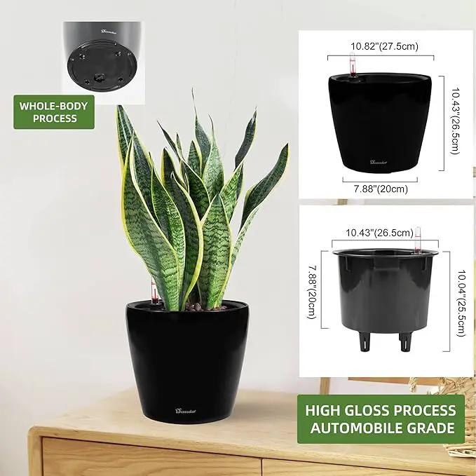 Dexceder 11x10 Inches High Gloss Self Watering Planter Indoor Outdoor, Inner Pot Design, Thickened Table Flower Plant Pot with Water Level Indicator (Black) by GreenHaven Gardens