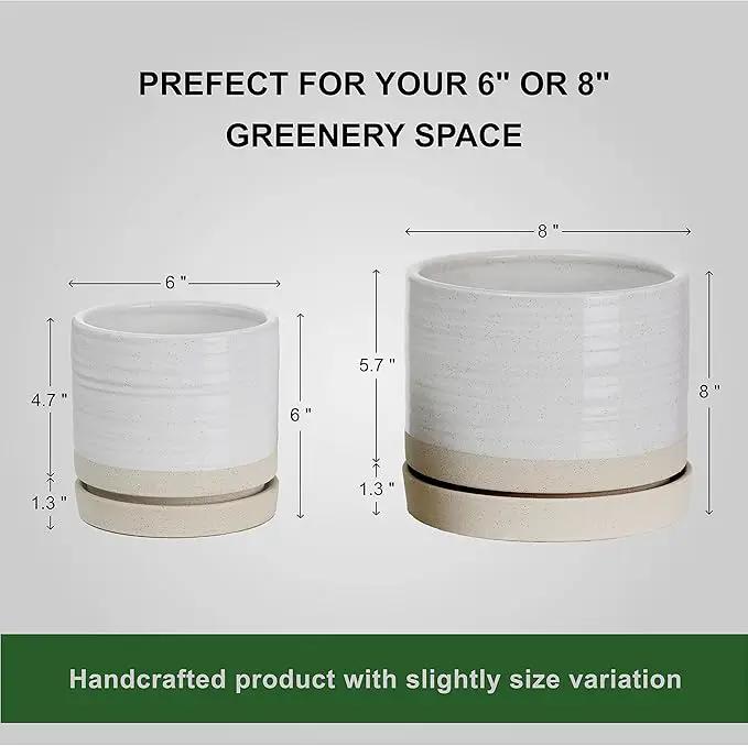 6 + 8 Inch Plant Pots, Ceramic Planter Pot with Drainage Hole & Saucer, Indoor/Outdoor Cylinder Round Planter Pot, Cream & Beige by GreenHaven Gardens