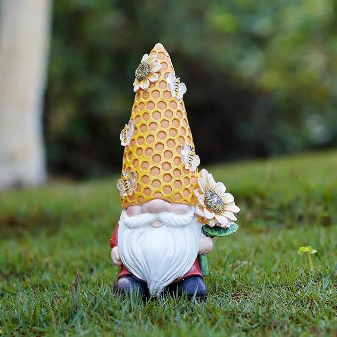 Garden Gnome Statue Solar Powered with Glowing Bees Sunflower Outdoor Funny Resin Figurine Decorations for Patio Yard Lawn Porch Housewarming Ornament Gift by GreenHaven Gardens