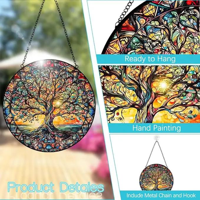 Tree of Life Suncatcher Stained Glass Window Hanging - 8″ Handmade Sun Catchers Indoor Window Valentines Day Decorations with Hooks and Chain - Wall Art Home Decor Panel Gifts for Women Men Mom Dad by GreenHaven Gardens