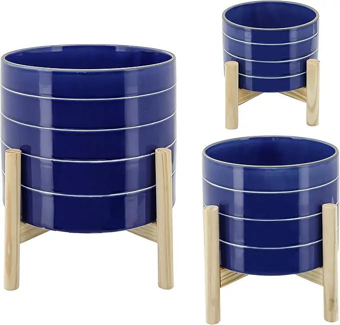 Sagebook Home 8" Planter on Stand - Ceramic Planter on Wooden Base - Contemporary Blue and White Striped Design Indoor or Outdoor Plant Stand Decor by GreenHaven Gardens