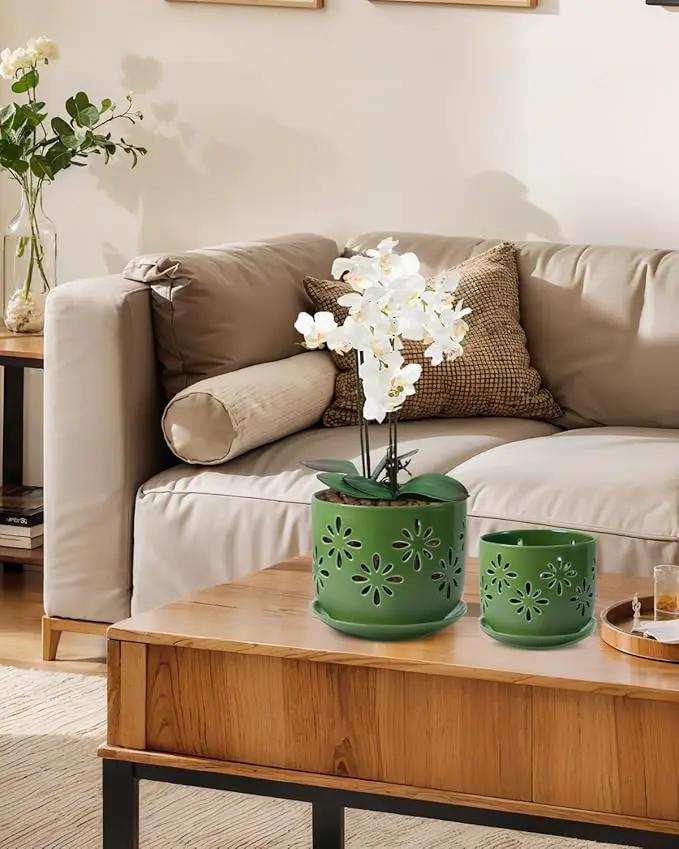 EFISPSS Orchid Pots with Holes,5+6 Inch Ceramic Plant Pots with Drainage Holes and Tray,Enhanced Drainage and Ventilation,Flower Pots for Indoor/Outdoor Plants for Repotting - Green by GreenHaven Gardens