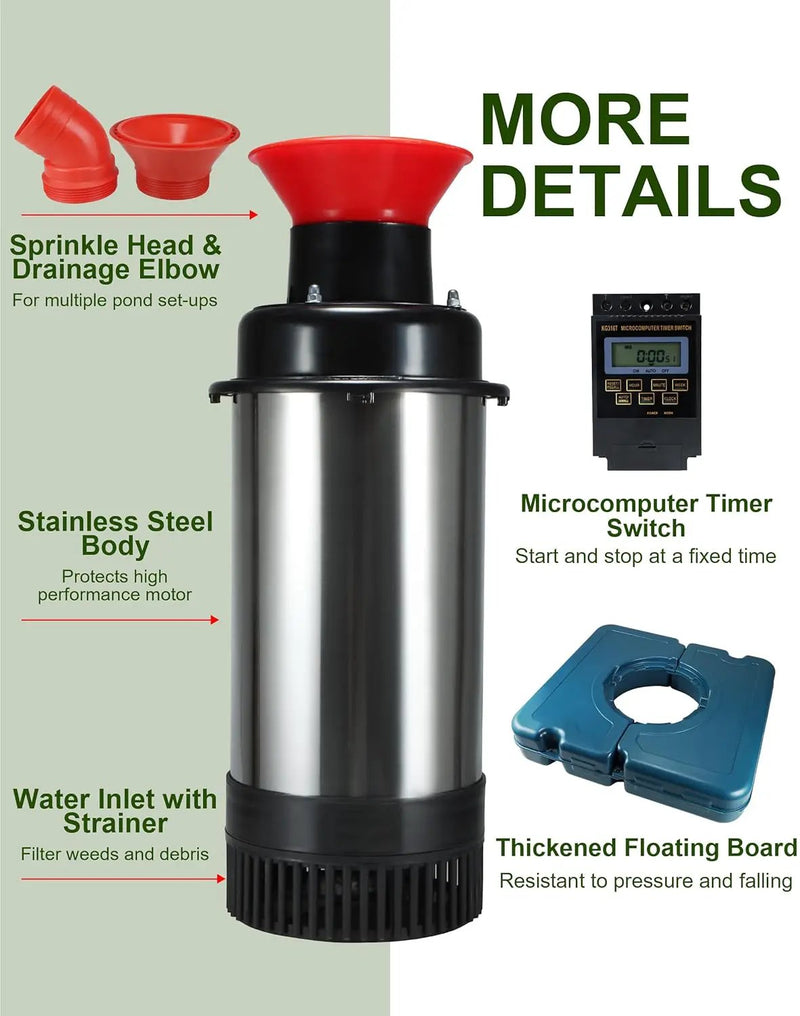 Pond Fountain Aerator 1HP, AS2 750W 15000GPH 110V/120V High Flow Floating Water Fountain Pump With 100ft Power Cord, Stainless Steel Body Aerating Fountains Cascade for Large Small Pond/Lake by GreenHaven Gardens