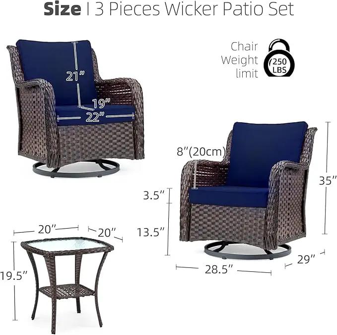Towallmark Outdoor Swivel Wicker Glider Patio Chairs with Table Set, 3 Pieces Outdoor Bistro Set with 4”Thick Cushions and Coffee Table for Porch, Balcony, Deck (Blue) by GreenHaven Gardens