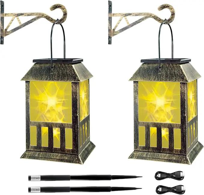 Solar Lanterns Outdoor Waterproof, 3D Star Light with Flashing Mode, Solar & USB C Charging, Metal Hanging Lantern for Wall Landscape Yard Patio Driveway Garden Decor, Warm Light 2 Pack by GreenHaven Gardens