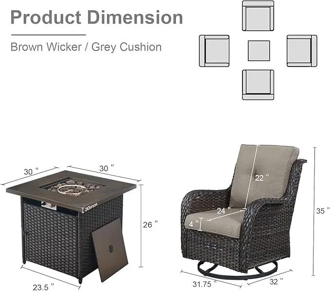 5 Pieces Patio Wicker Furniture Set - 4 Outdoor Swivel Rocker Glider Chairs with Propane Fire Pit Table, Warm Patio Conversation Set Grey Cushion Perfect for Casual Gathering by GreenHaven Gardens