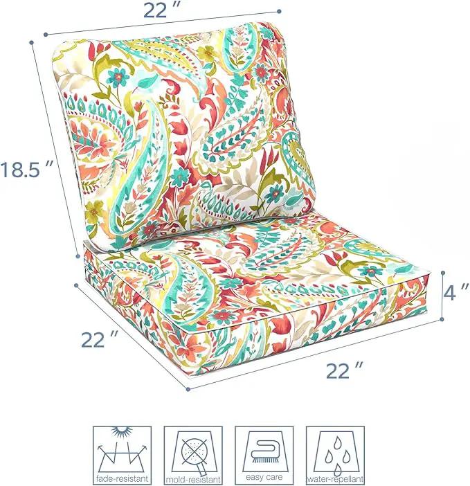 LVTXIII Outdoor Deep Seat Cushion Patio Seat and Back Cushion Set Seasonal Chair Cushion with Removable Cover and Adjustable Buckle for Home and Garden, 22"x22"x4", Pretty Paisley by GreenHaven Gardens