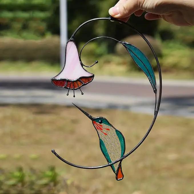 Lolitarcrafts Hummingbird with Flower Stained Glass Suncatcher Bird Stained Glass Window Hangings Hummingbird Gift for Home Decor (Green) by GreenHaven Gardens