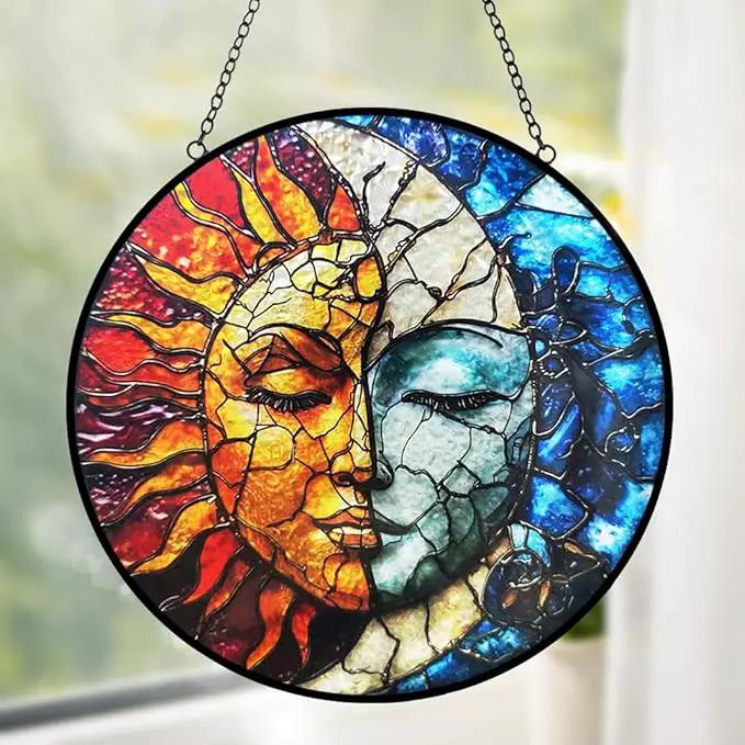 Sun and Moon Decor Suncatcher Stained Glass Window Hanging - Wall Art Stained Glass Suncatchers for Windows Hanging - Home Sun Catchers Indoor Window with Chain - Celestial Decor Gifts for Women Mom by GreenHaven Gardens