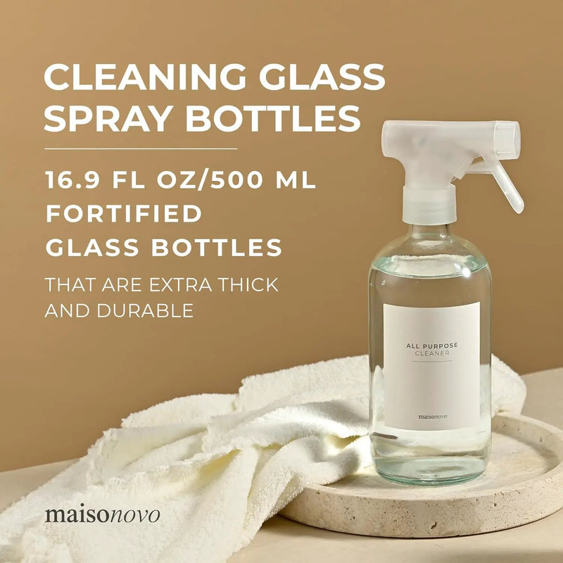 MaisoNovo Glass Spray Bottles for Cleaning - 16.9 fl oz Clear x 2 with 16 Labels by GreenHaven Gardens
