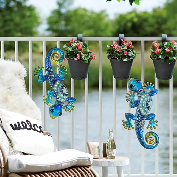 HONGLAND Metal Gecko Wall Art 2Pcs Outdoor Wall Decor Lizard Metal Hanging Wall Decoration Glass Sculpture for Garden Yard Patio Fence Home (Blue) by GreenHaven Gardens