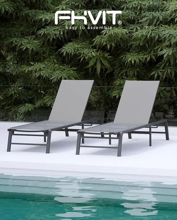 Aluminum Chaise Lounge Chair Outdoor, Foldable Patio Lounge Chair 2 Sets Assemble-Free, Pool Lounge Chairs with 5 Adjustable Backrest, Outdoor Lounge Chairs for Outside Poolside Beach Lawn Grey by GreenHaven Gardens