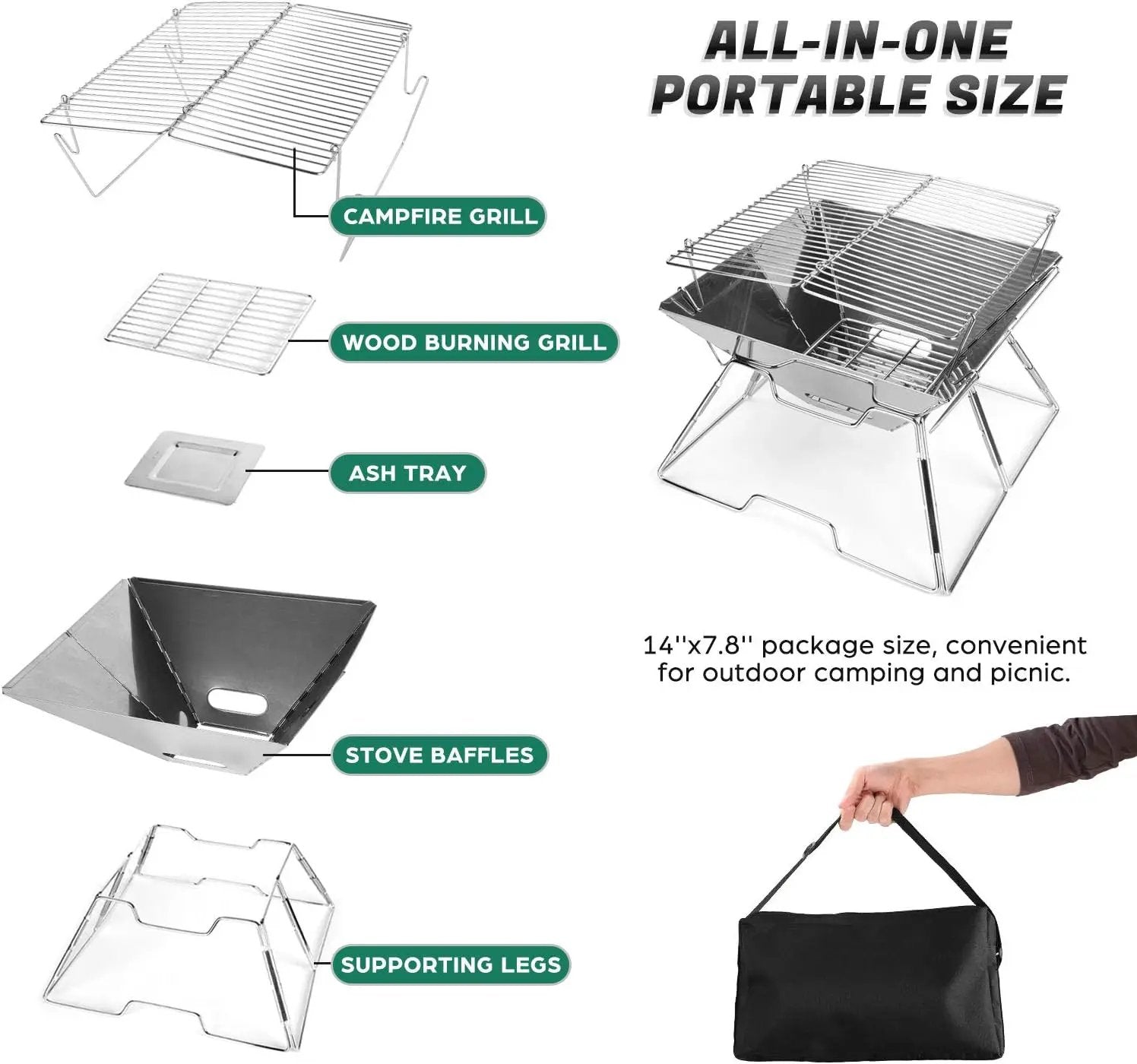 Odoland Folding Campfire Grill, 304 Stainless Steel Grate Barbeque Grill, Portable Camping Grill with Legs for Picnics, Backpacking, Outdoor with Carrying Bag and Kitchen Tongs by GreenHaven Gardens