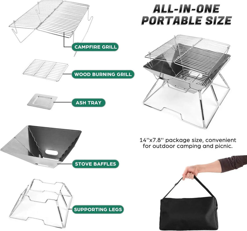 Odoland Folding Campfire Grill, 304 Stainless Steel Grate Barbeque Grill, Portable Camping Grill with Legs for Picnics, Backpacking, Outdoor with Carrying Bag and Kitchen Tongs by GreenHaven Gardens
