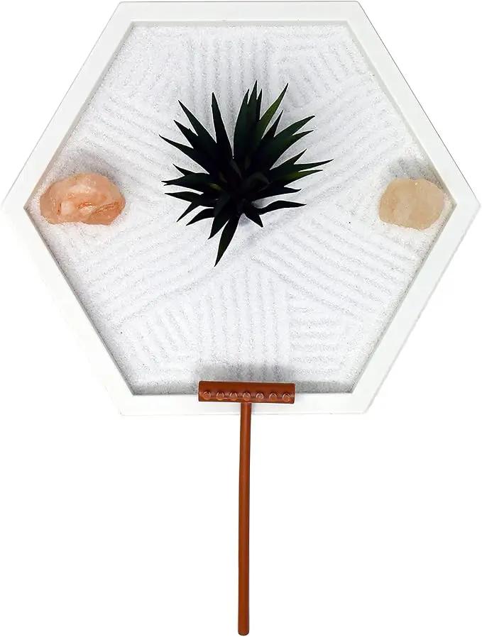 Nature's Mark Mini Zen Garden Kit for Desk with White Sand, Rake, White Base, Salt Rock and Air Plant (Hexagon) by GreenHaven Gardens