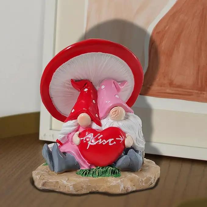 Garden Pink Tiny Gnome Couple Statue with Red Heart Mushroom Funny Outdoor Resin Figurines Home Decorations Valentine’s Day Housewarming Ornament Gift by GreenHaven Gardens