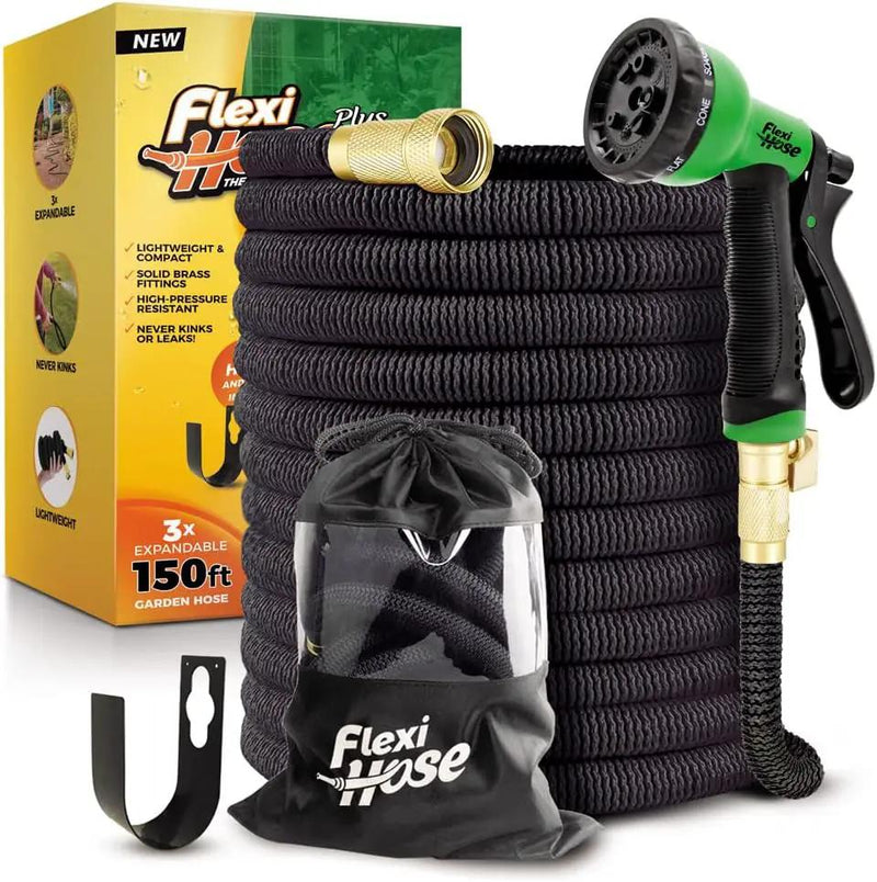 Flexi Hose PLUS with 8 Function Nozzle Expandable Garden Hose, Lightweight & No-Kink Flexible Garden Hose, 3/4 inch Solid Brass Fittings and Double Latex Core, 150 ft Black by GreenHaven Gardens