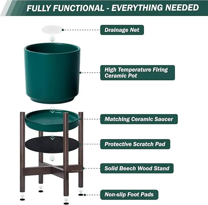 D'vine Dev Ceramic Planter with Walnut Color Stand - 8 Inch Modern Round Flower Pot with Wood Planter Holder, Teal, 55-B-Y-4 by GreenHaven Gardens