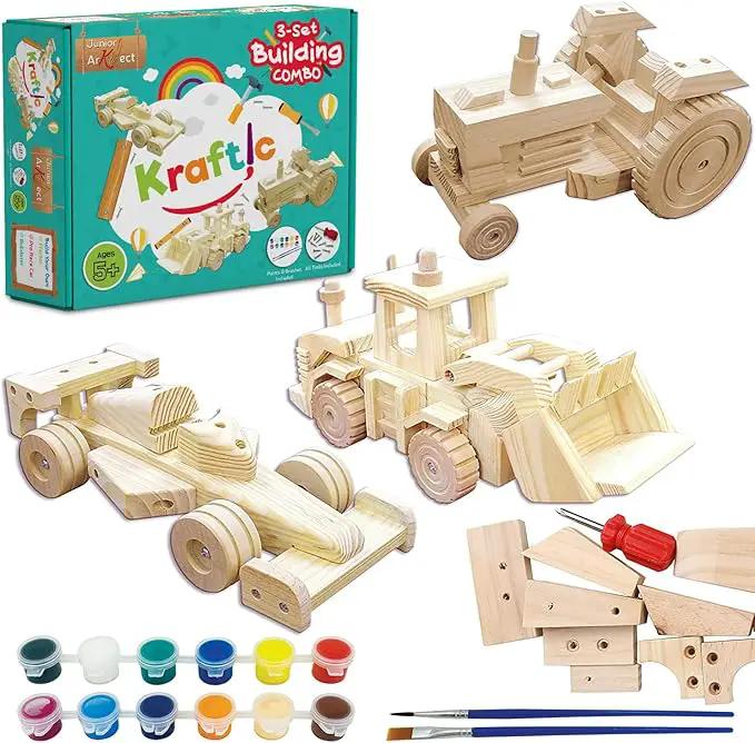 Kraftic Woodworking Building Kit for Kids, with 3 Educational DIY Carpentry Construction Wood Model Kit Toy Projects for Boys and Girls- Tractor, Bulldozer and Racing Car by GreenHaven Gardens