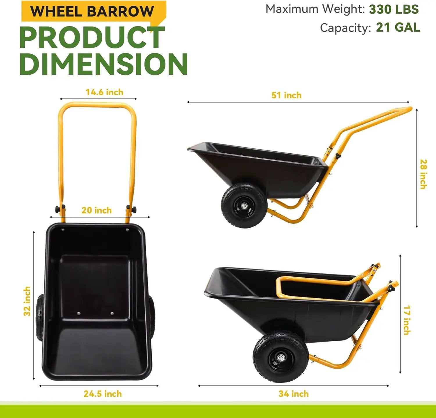 Folding Dual-Wheel Wheelbarrow,Heavy-Duty 330 LB Garden cart,10-inch Air-Filled Tires,Home Garden Yard Utility for Outdoor Lawn Yard Farm Ranch(Black) by GreenHaven Gardens