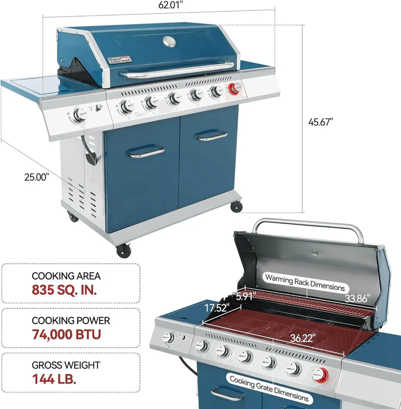 Royal Gourmet GA6402B 6 Burner Propane Gas Grill with Side Burner and Warming Rack, 74,000 BTUs, Cabinet Style Gas BBQ Grill for Barbecue Grilling & Backyard Cooking, Blue by GreenHaven Gardens