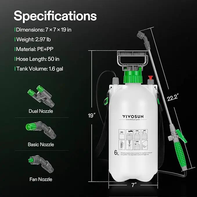 VIVOSUN Pump Sprayer 1.6 Gallon, Portable Water Spray Bottle for Lawn and Garden Yard, Weed Sprayer for Plants with 3 Nozzles, Adjustable Shoulder Strap, Pressure Relief Valve by GreenHaven Gardens