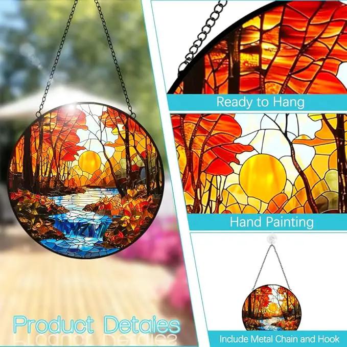 Sunset Suncatcher Stained Glass Window Hanging - Sun Catchers Indoor Window Decorations with Tree and River - Sunset Scenery Window hangings with Hooks - Valentines Day Gifts for Him Her Women Men by GreenHaven Gardens