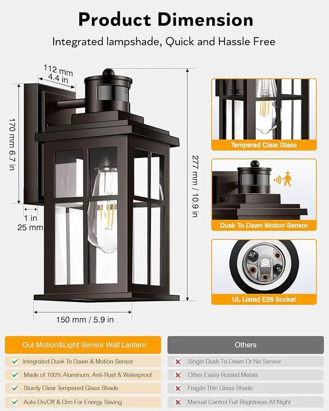 Outdoor Motion Sensor Light, 2 Pack Outside Sconce, Bronze Motion Sensor for Outside, Anti-Rust, Outdoor Light Fixture with Tempered Clear Glass for House, Garage,Entryway, Waterproof by GreenHaven Gardens