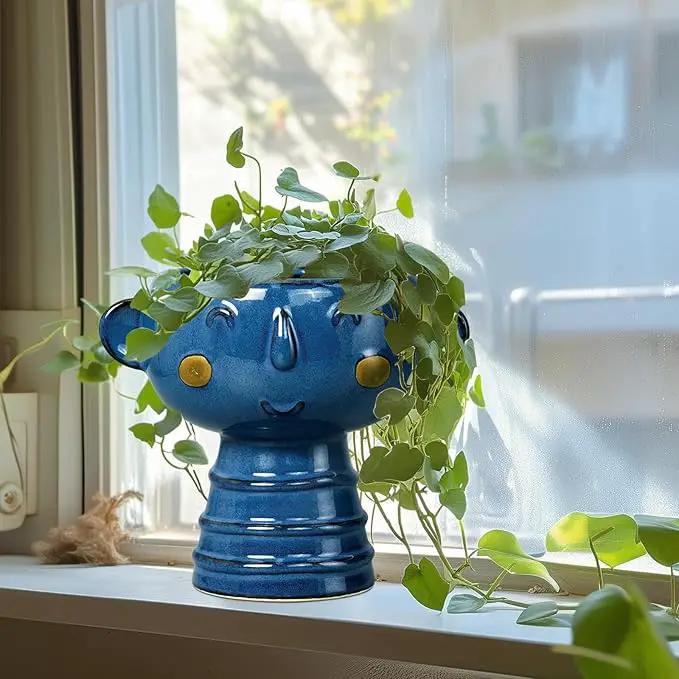 Face Planter Pot Head 7 Inch - Cute Ceramic Head Planter for Indoor Outdoor Plants Unique Flower Pot with Drainage Hole Gift Ideas for Christmas Blue by GreenHaven Gardens