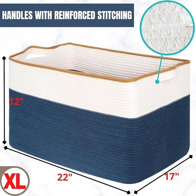 MINTWOOD Design 22in Extra Large Blanket Basket Holder Living Room, Rectangle Rope Woven Storage Basket with Handles for Laundry, Pool Towels, and Shoes, Dog Toy Organizer Bin Box, Prussian Blue by GreenHaven Gardens
