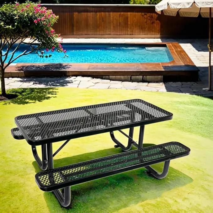 6 ft. Rectangular Outdoor Steel Picnic Table with Umbrella Pole, Heavy-Duty Weather-Resistant Dining Table for Patio, Backyard, and Garden, Rust-Resistant Finish, Black by GreenHaven Gardens