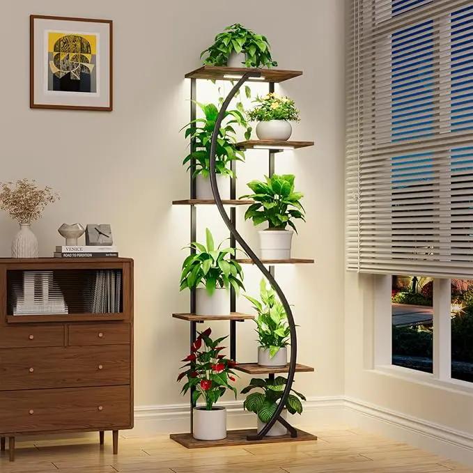 59" Tall Plant Stand with Grow Light Indoor, 7 Tiered Metal Plant Shelf, S-Shaped Flower Display Stand, Corner Storage Shelf for Living Room, Patio, Balcony Decor by GreenHaven Gardens