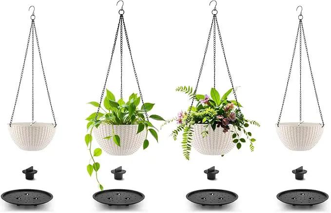 Hanging Planters for Indoor Outdoor Plants 8/10 Inch, 4 Packs Plant Hanger with Drainage Holes, Hanging Basket Flower Pot Perfect for Home, Office and Garden,White by GreenHaven Gardens