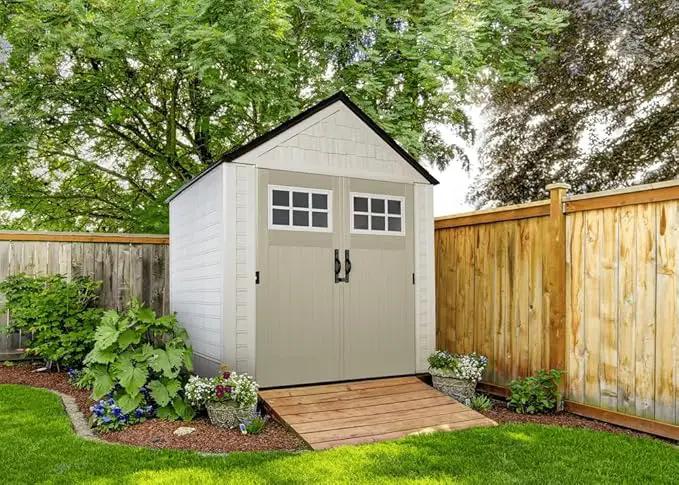 Rubbermaid 7 Foot by 7 Foot Weatherproof Outdoor Storage Shed for Garden Tools and Lawn Machinery Organization with Lockable Double Door Sandstone by GreenHaven Gardens