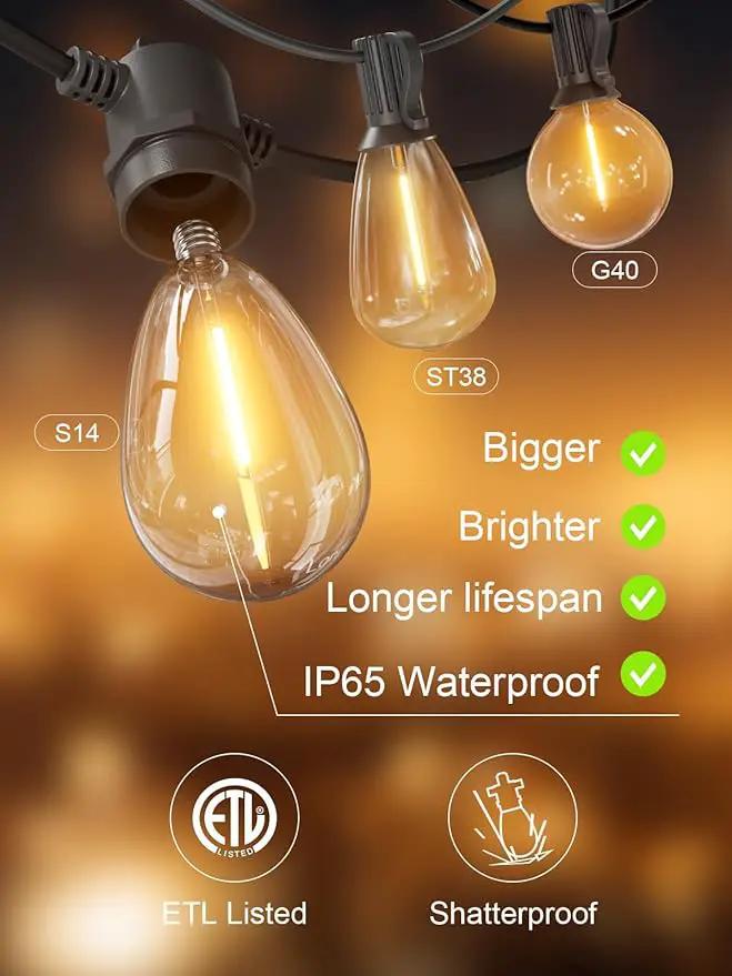 Svater Outdoor String Lights 100 FT, Patio Light for Outside with Shatterproof Bulbs, Waterproof LED Hanging Lights for Cafe Backyard Bistro Party, Warm White by GreenHaven Gardens