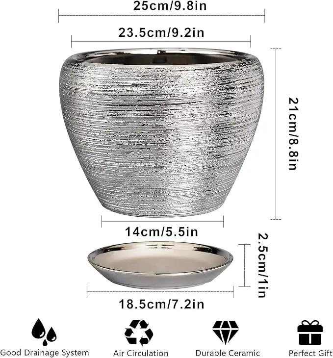 Flower Pot - 10 Inch Planter with Drainage Hole and Saucer - Indoor/Outdoor Decorative Mid-Century Planter - Silver by GreenHaven Gardens