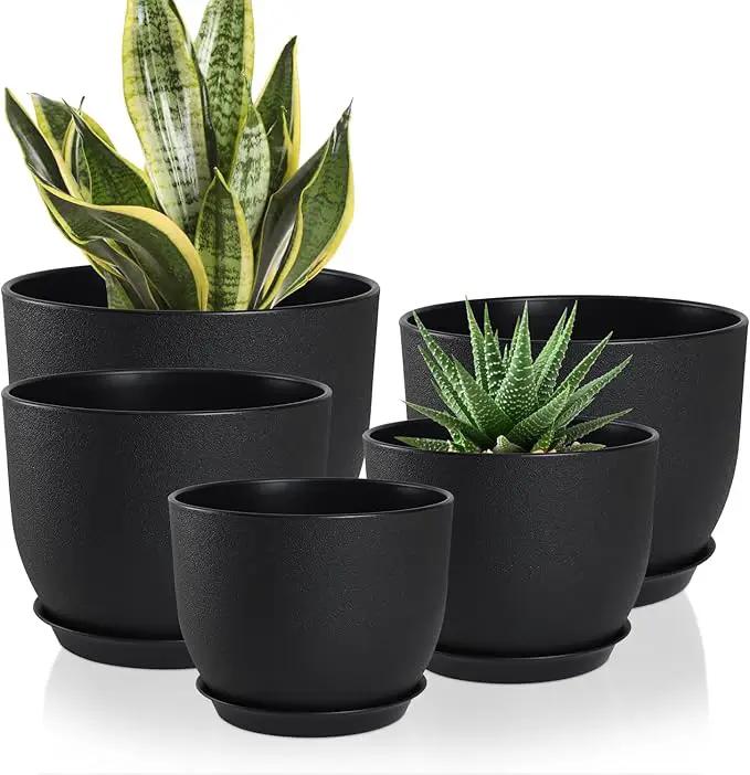 Plant Pots 10/9/8/7.5/7 inch Set of 5,Flower Pots with Multi Mesh Drainage Holes, Large Planters for Indoor Outdoor Garden Plants and Flowers. (Black) by GreenHaven Gardens