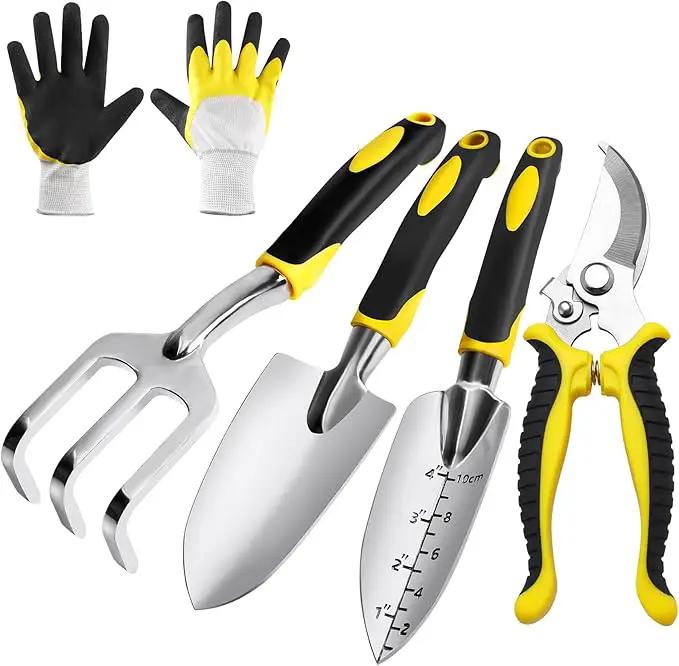 5 Pcs Gardening Tools Set with Heavy Duty Cast-Aluminium Heads and Non-Slip Rubber Grip, Including Transplanting Spade, Trowel, Cultivator, Pruner and Gardening Gloves, Great Gift for Woman by GreenHaven Gardens