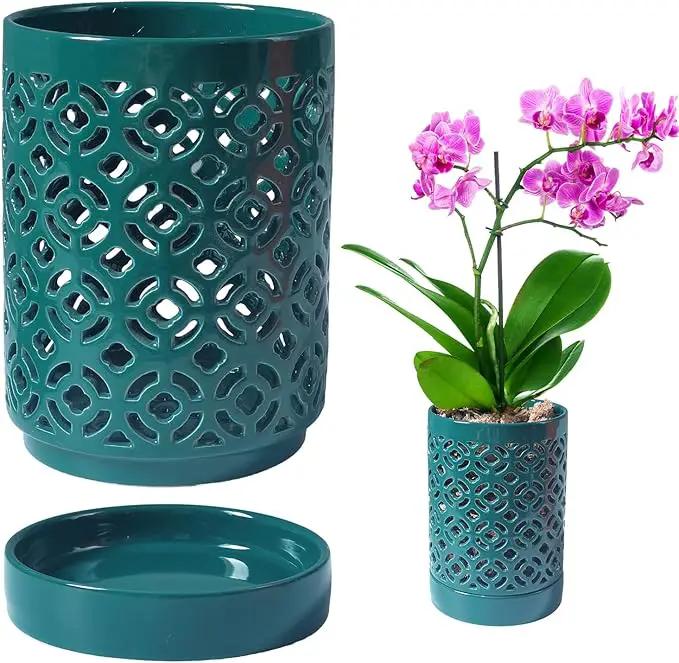 Orchid Pot 4 Inch, Orchid Pots with Holes & Saucers for Repotting, Breathable Slotted Orchid Pots Flower Plant Pot Green by GreenHaven Gardens