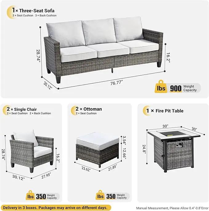 ovios 6 Pieces Patio Furniture Set with 30" Fire Pit Table, Outdoor Wicker Sofa with Comfy Cushions, All Weather High Back Rattan Couch Conversation Set, Grey by GreenHaven Gardens