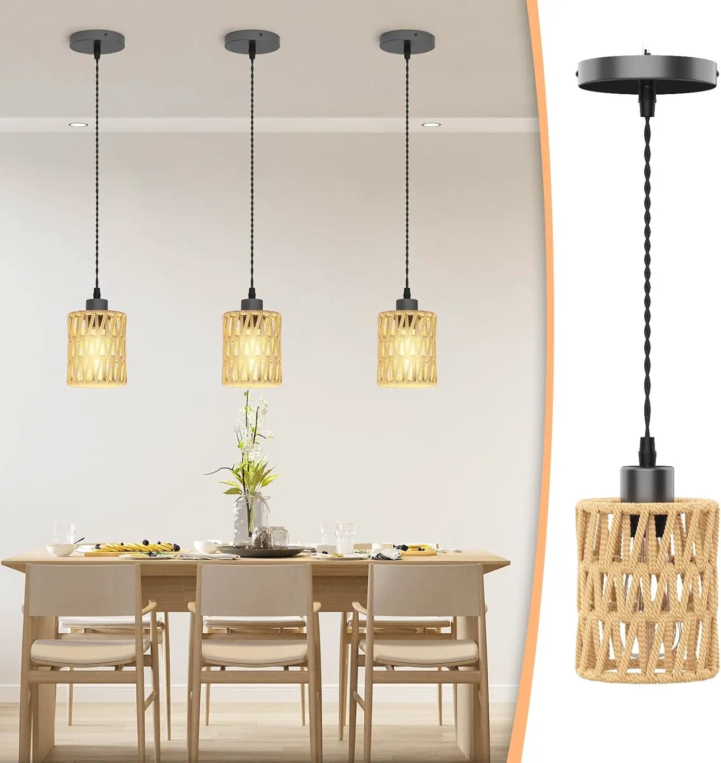 3Packs Boho Rustic Hemp Rope Pendant Light Hand-Woven Rattan Cage Basket Coastal Light Fixture Farmhouse Wicker Hanging Lighting for Kitchen Island Dining Room Bedroom by GreenHaven Gardens