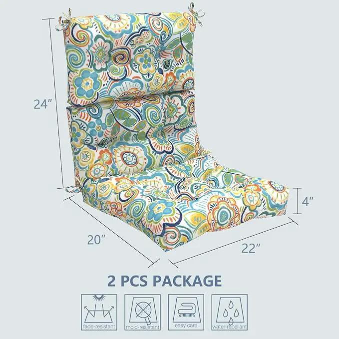 LVTXIII Outdoor Seat/Back Chair Cushion Patio Tufted High Back Cushion, Seasonal Replacement Rocking Chair Cushion with Ties (22” W x 20D”, Set of 2, Flower Blue)