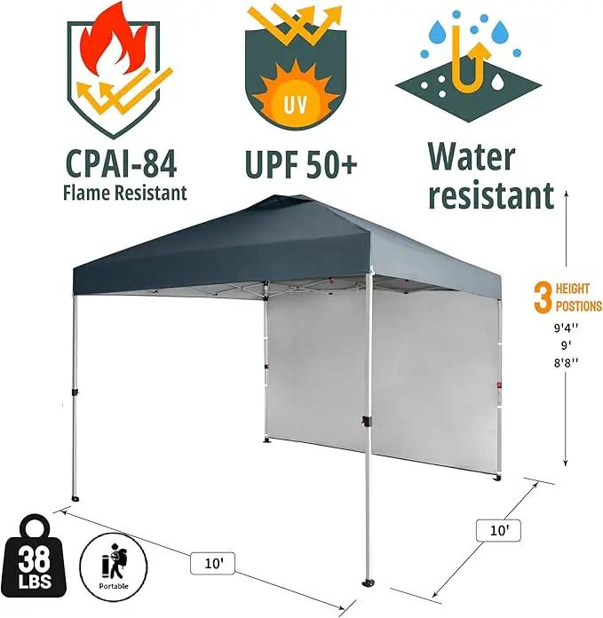 CROWN SHADES 10x10 Pop Up Canopy with 1 Side Wall - Beach Tent with One Push Setup - Outdoor Sun Shade for Events, Parties, Camping - Gazebo with STO-N-Go Cover Bag (Grid Grey) by GreenHaven Gardens