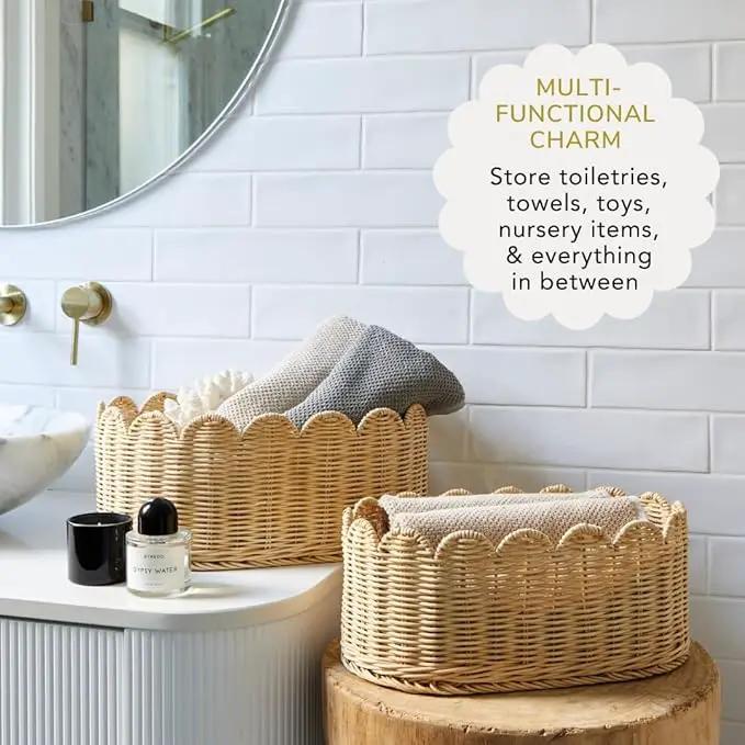 BEBE BASK Premium Scalloped Basket Set Of 2 - Scallop Basket - 16 x 10 x 7 Inch - Hand-Woven Elegant Wicker With Scalloped Edge - Nursery Storage (Natural) by GreenHaven Gardens