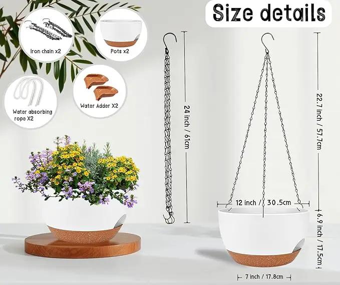 2 Pack 12 Inch Large Hanging Planters with Chains Self Watering White Brown Plastic Hanging Pots for Indoor Outdoor Plants, Garden Porch Home Decor，White Brown by GreenHaven Gardens