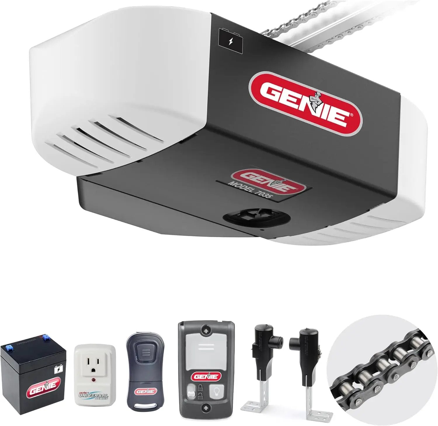 Genie Chain Drive 750 Garage Door Opener with Battery Backup, Surge Protector and one Single Button Garage Door Remote by GreenHaven Gardens