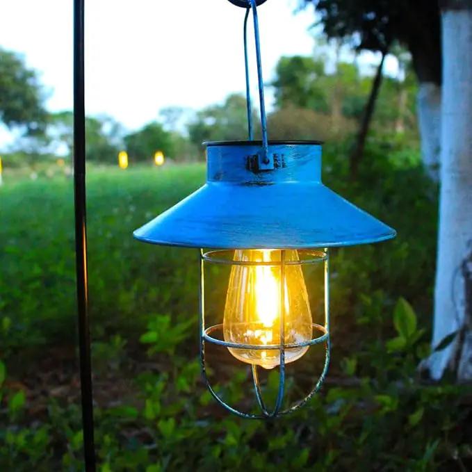 2 Pack Hanging Solar Lantern Lights with Shepherd Hook, Metal Waterproof Warm White Edison Bulb Lights for Garden Outdoor Pathway (Bule) by GreenHaven Gardens
