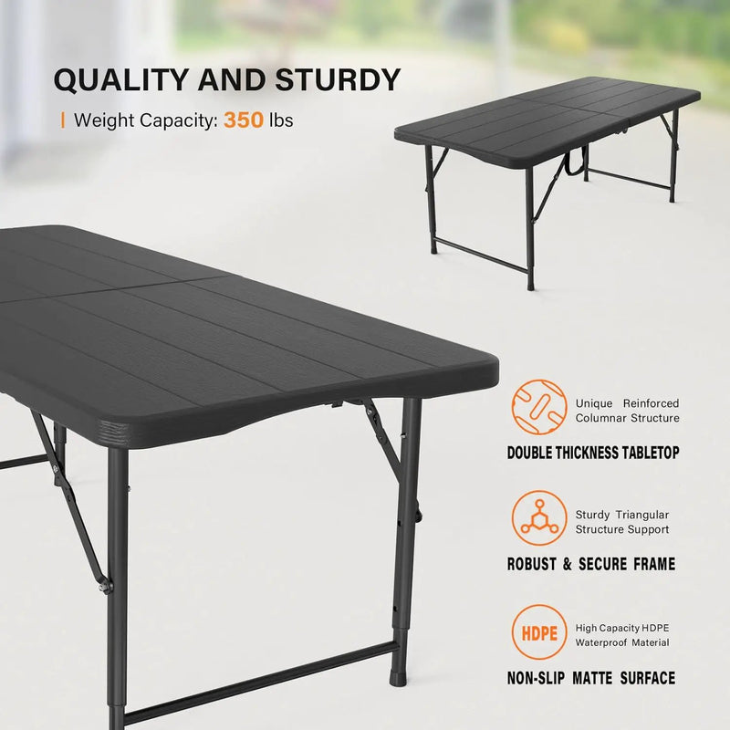 VINGLI 4 FT Plastic Folding Camping Table,3-Level Adjustable Height, Portable in/Outdoor Party Picnic Dining Desk,Off-White Garden Soccer Multipurpose Entertaining Activities, Black by GreenHaven Gardens